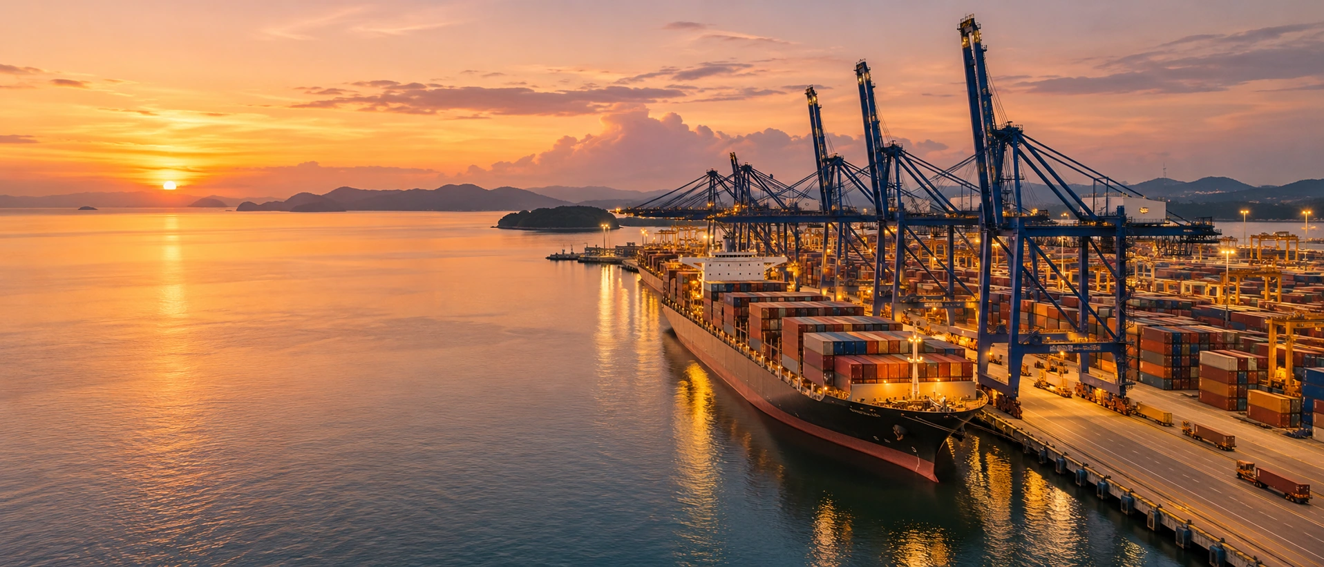 AI illustration of a Malaysian-inspired container port at sunset.