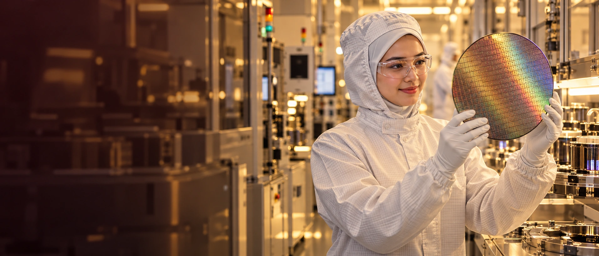 A Malaysian engineer inspecting a semiconductor wafer on a precision manufacturing line