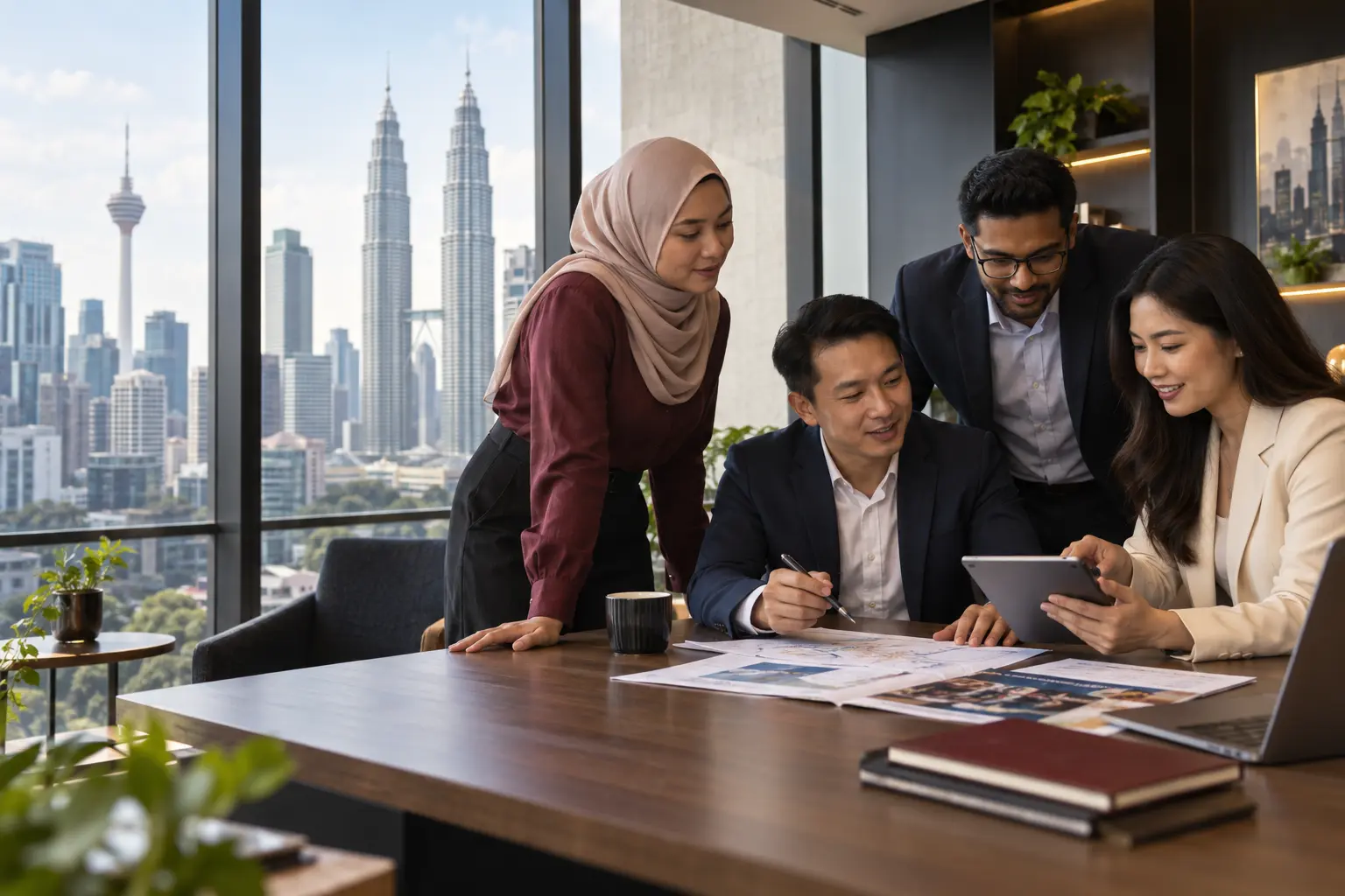 Founders and advisers reviewing a business plan in a Kuala Lumpur office, with the Petronas Twin Towers beyond