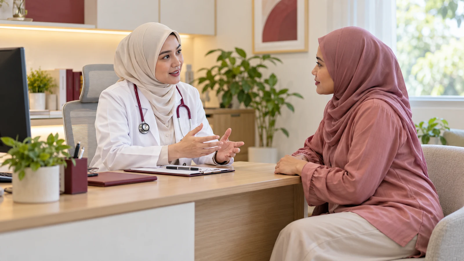 Doctor speaking with a patient in a consultation room — AI illustration.